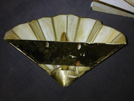 Image 1 of 2 TIFFANY-STYLE ART DECO FAN-SHAPED WALL LIGHTS IN VINTAGE GLASS PASTE