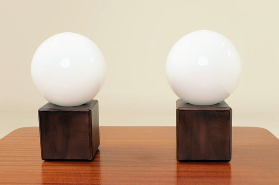 Image 1 of Pair of modern lamps opal glass & wood 