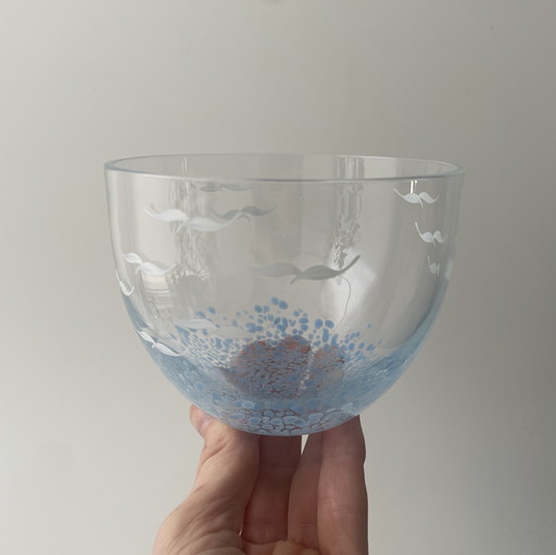 Vintage Lindshammar Blauw Glazen Schaal Handbeschilderd Vogels