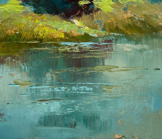 Image 1 of Original Oil Painting Summer Coastal Landscape Two people are sailing on a boat