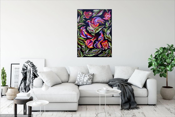 Image 1 of Original Samchykivka Painting "Birds of Paradise" Modern Art 100x70