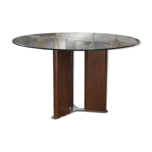 Tavolo circolare di Tito Agnoli per Matteo Grassi, base rivestita in pelle marrone, anni '70.