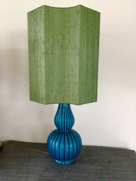 Hoge vintage tafellamp met octagonaal gevormde kap. Hoogte 90 cm – Tafellampen, Ceramic, Textile (photo 10 of 10)