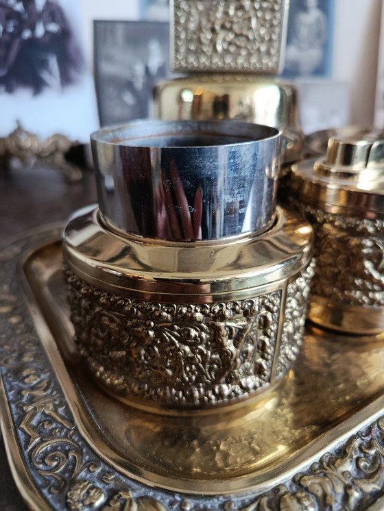 Image 1 of Raucherset Komplett 6Teile!!! Messing Gold Putten Engel Vintage RARITÄT elErhard und Söhne Made in Germany 50er Mid Century