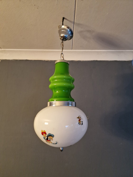 Image 1 of Lampada a sospensione vintage XL in vetro bianco verde per bambini