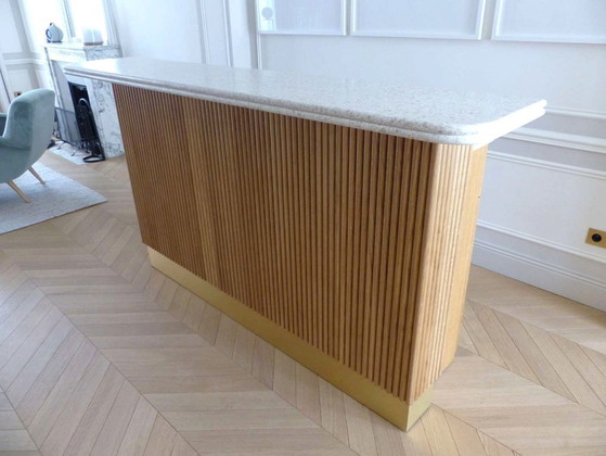 Image 1 of Moderne Bar aus massiver Eiche und doppelter Terrazzo-Arbeitsplatte – Einzigartiges Stück