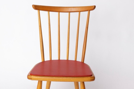Image 1 of Vintage Beech Dining Chair with Original Red Faux Leather Seat – 1960s/70s Mid-Century German Design