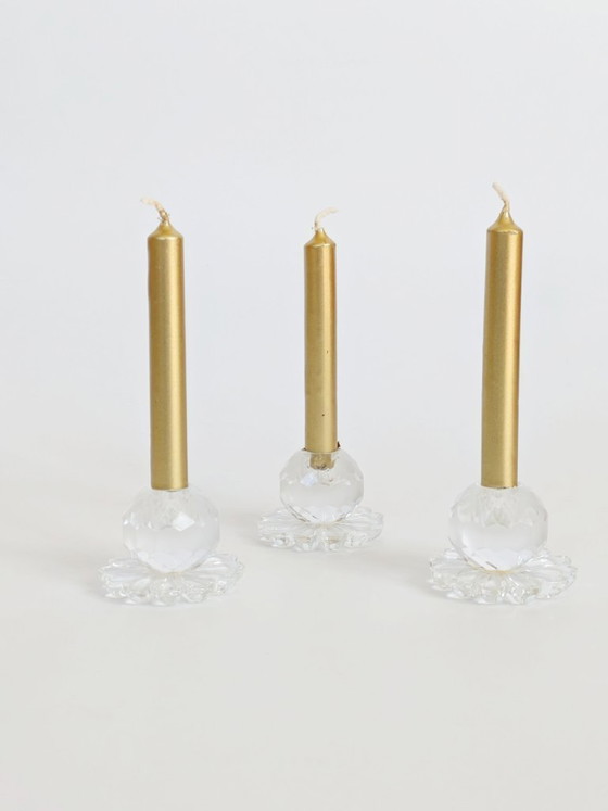 Image 1 of Set of 3 Vintage Crystal Candle Holders, Midcentury Faceted Glass Daisy Base Ornaments