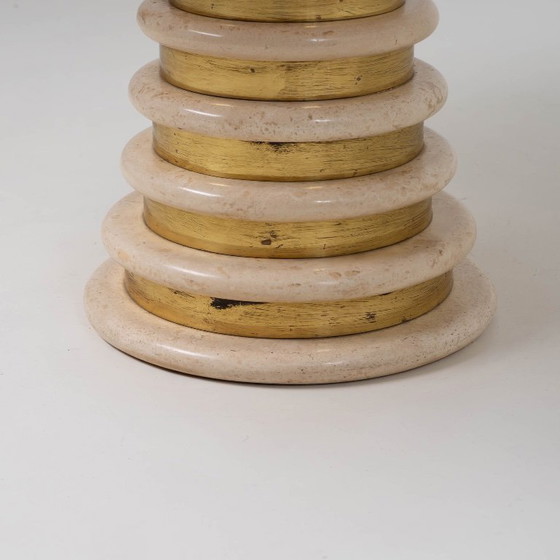 Image 1 of Travertine and Brass Pedestal Dinning Table Marzio Cecchi 