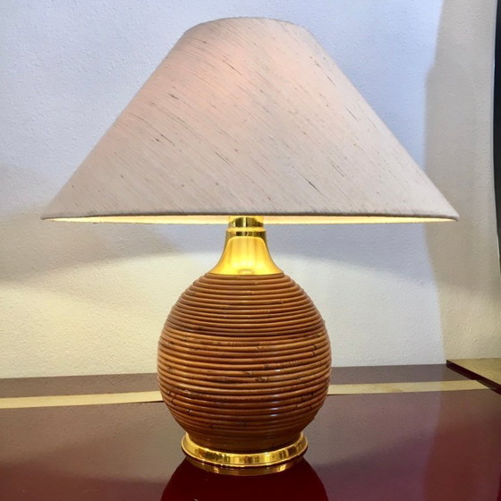 Image 1 of 2x Brass & Rattan Table Lamps in the manner of Vivai del sud 1970s