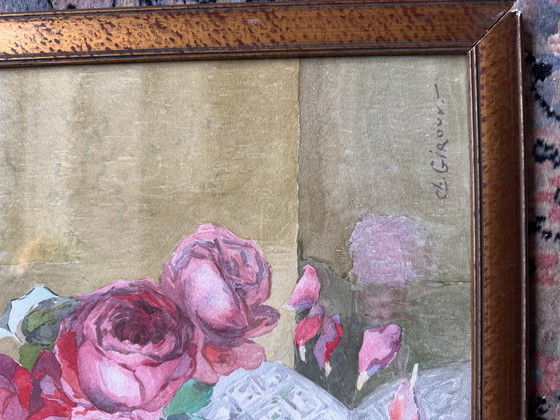 Oude aquarel stilleven met rozen, Schilderijen & Tekeningen, Papier, Hout, Meerdere kleuren (foto 7 van 14)
