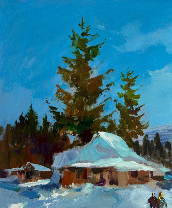 Image 1 of Original Oil Painting Winter Village Landscape Along the snowy path