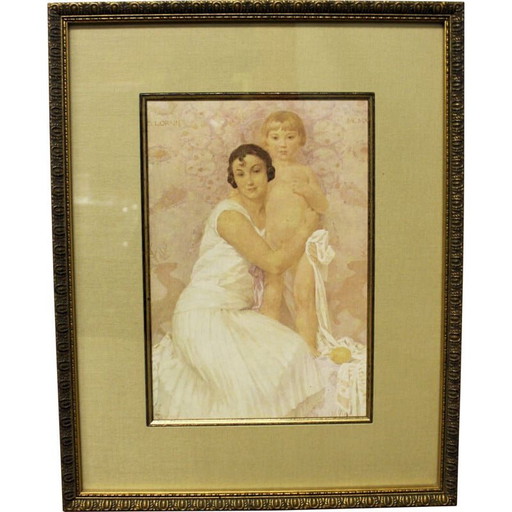 Vintage-Lithographie "Mutter und Kind" von Gustave Lorrain, 1930
