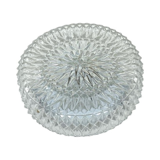 Image 1 of Massive Belgium Vintage Pressed Glass Mid-Century Rosette Ceiling Lamp Wall Sconce White Base 10x25 1970s