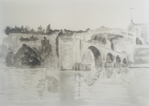 Watercolor signed in sepia monochrome Pont d'Avignon