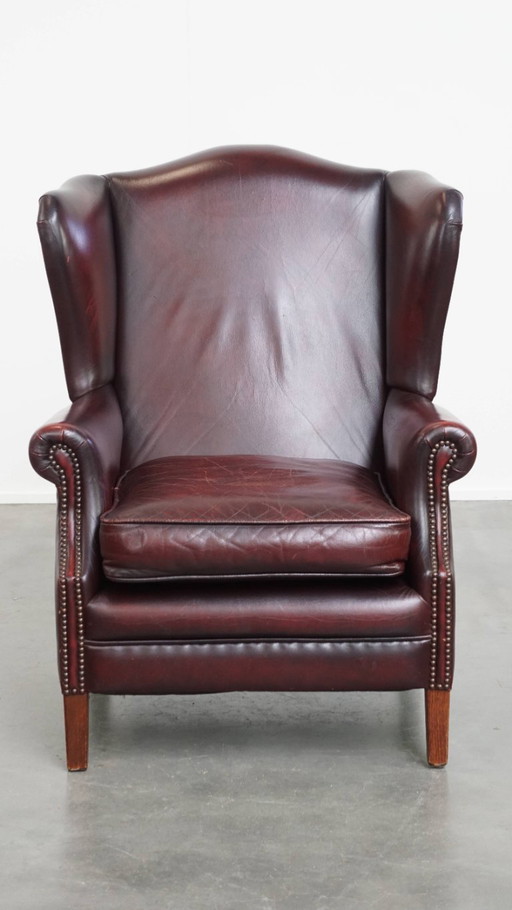 Bordeaux red cowhide leather ear chair + hocker in English style