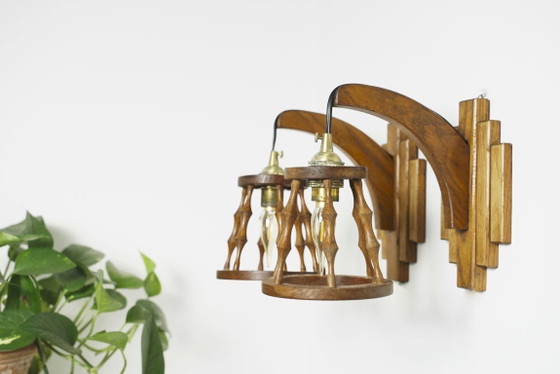 Image 1 of Set van twee Spaanse wandlampen, vintage houten lantaarnlampen, mediterrane verlichting in art-deco-stijl.