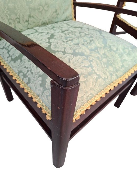 Image 1 of Coppia di Poltroncine Vintage Anni '70 in Mogano e Pregiata Seta di San Leucio