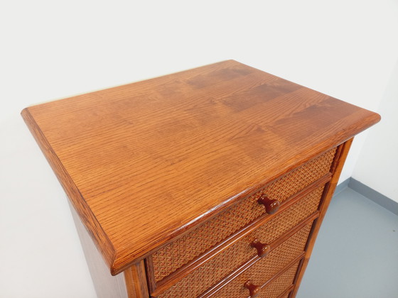 Image 1 of Commode Chiffonnier Semainier Vintage en Rotin, Bois et Cannage des Années 70