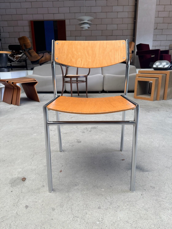 Chaise empilable vintage Gijs van der Sluis (stock: 13), Chaises de salle à manger, Bois, Chrome, Marron (photo 13 sur 15)