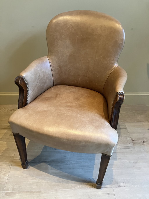 Klassieke leren fauteuil met hoge rugleuning / Clubfauteuil – Leather, Wood
