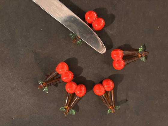 Image 1 of Reposacuchillos de cristal de Murano: diseño retro de cerezas y frutas, juego de 5
