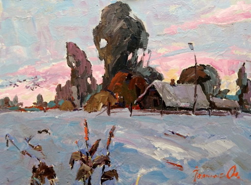Original Ölgemälde Ländliche Landschaft Haus Feld Dorf Land Winterstille