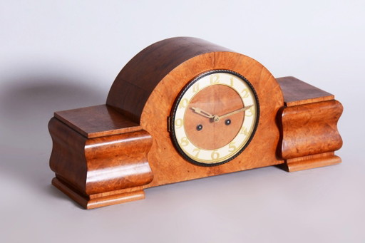 Restored Art Deco Table Clock, Made by UP Závody, Mahogany, Czech, 1920s – klokken, Glass, Wood