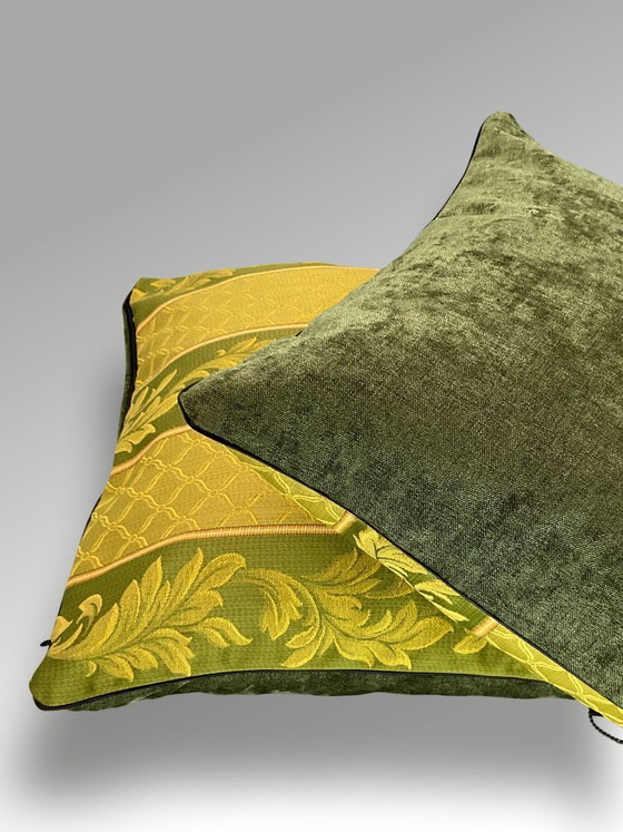 Image 1 of Rubelli – Neues 2er-Set – Grün-goldenes Barockblattmotiv
