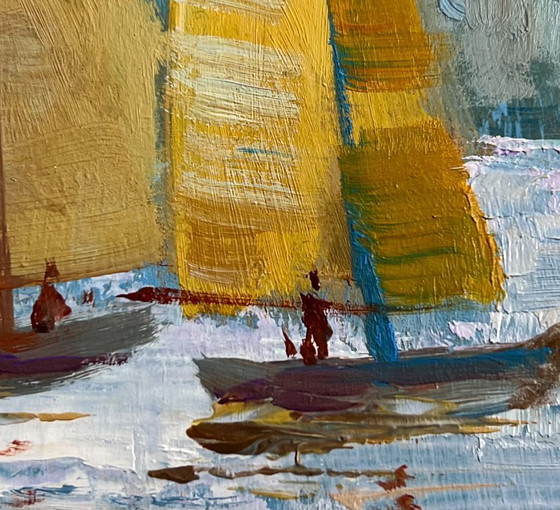Image 1 of Peinture à l'huile originale représentant un bateau sur un paysage fluvial. Trois voiliers au crépuscule.
