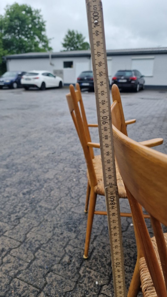 Image 1 of Juego de comedor de los años 50, madera de haya y caña – 6 sillas + banco, estilo Arno Lambrecht