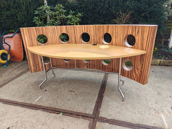 Image 1 of Escritorio de recepción de hermoso diseño moderno de madera Ovaaeen con base de acero inoxidable