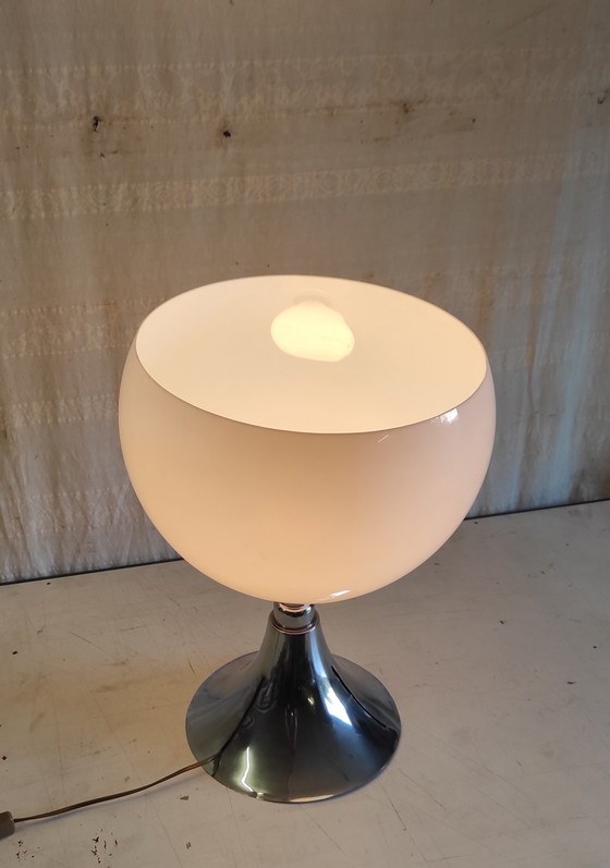 Image 1 of Designer table lamp in chromed metal and white globe - mid-20th century