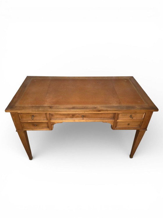 Antica scrivania Luigi XVI/Direttorio – Pelle dorata – 5 cassetti – Chiavi – Scrivanie, Leather, Wood (photo 3 of 5)