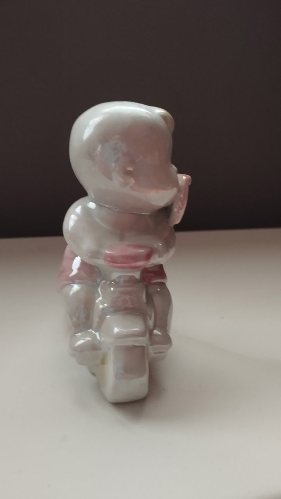 Image 1 of Mid-Century Lusterware Figurine – Baby on Tricycle – Davis & Freeman (Japan/USA)
