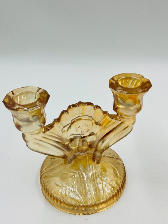 Image 1 of Ein Paar Empoli-Kerzenständer aus bernsteinfarbenem Glas im Art-Deco-Stil