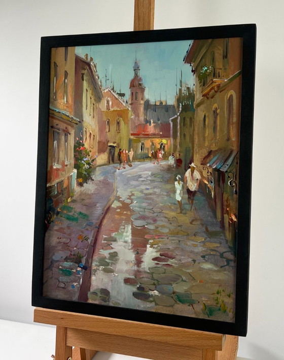 Image 1 of Peinture à l'huile originale, paysage de rue de ville, ruelle d'enfance