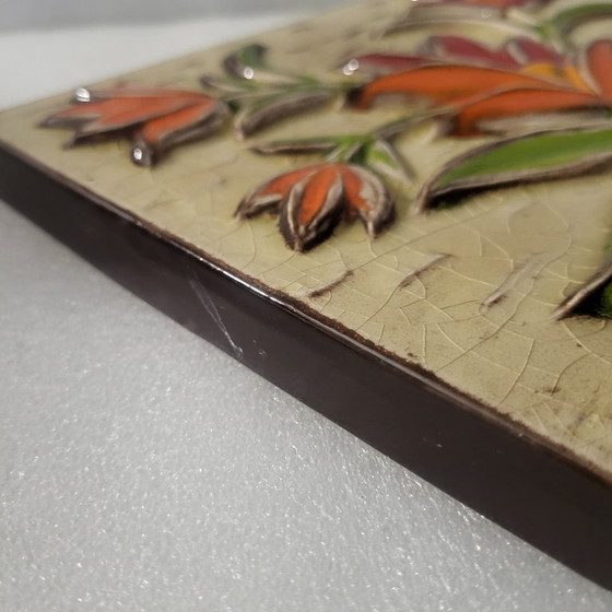 Image 1 of Cadre mural en céramique émaillée, fleurs et relief orange pop,BOITZENBURG, west germany, 1960-70 