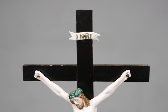 Image 1 of Holy Water Font in Porcelain with Crucifix from Vieux Andenne, Belgium, 20th Century
