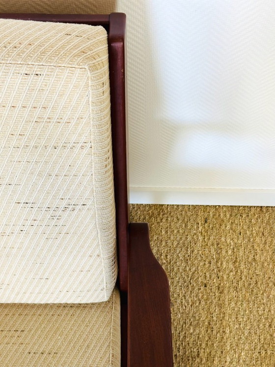 Image 1 of Vintage Scandinavische fauteuil van teakhout en beige textielstof, 1960