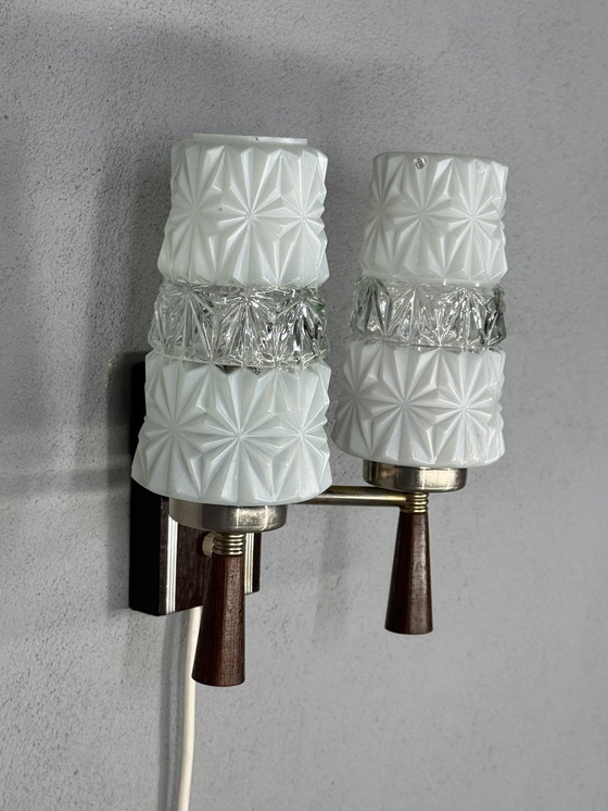Image 1 of Vintage Wall Lamp 1950s-60s - Glass & Wood Design Classic