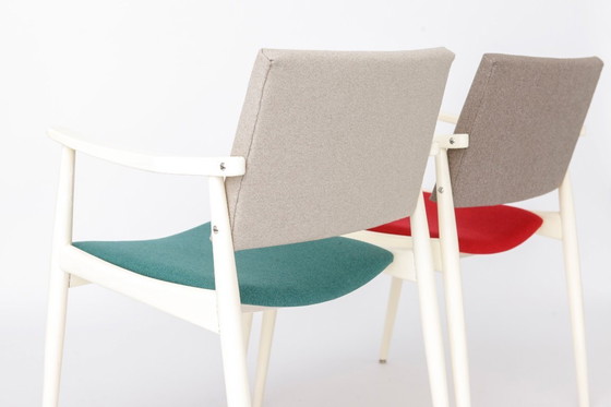Image 1 of Pair of Vintage White Armchairs, Germany 1970s, Mid Century Dining Chairs with Colorful Upholstery, Beechwood Lounge Chairs