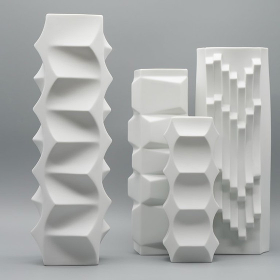 Image 1 of HUTSCHENREUTHER Chic Biskuitporzellan ARCHAIS 4× Vasen-Set Heinrich FUCHS Op Art