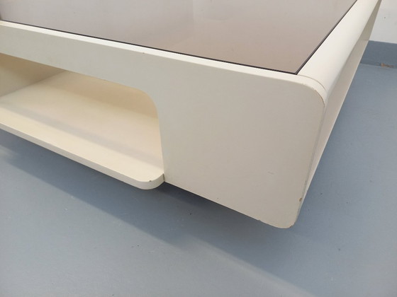 Image 1 of Vintage square coffee table in Space Age style, made of white wood and smoked glass, from the 1970s
