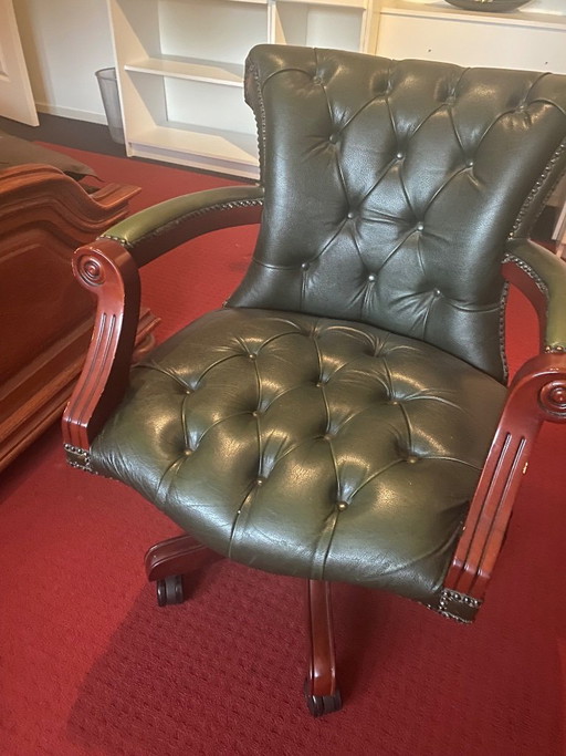 Office chair Antique green leather with wood