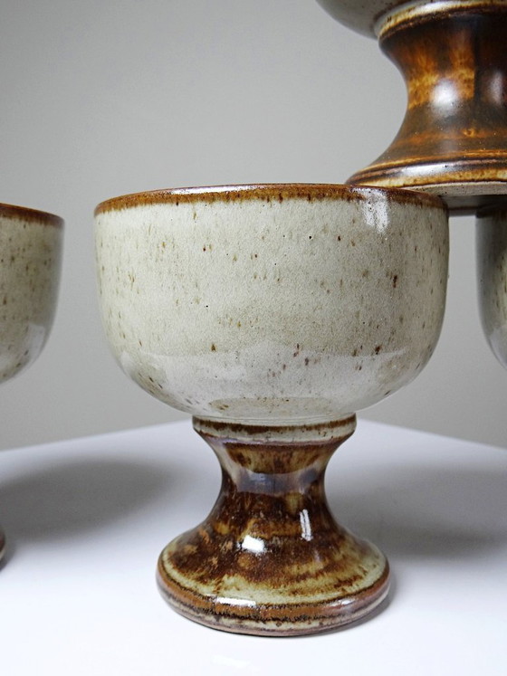 Image 1 of Set of 4 vintage glazed stoneware cider bowls/ice cream cups with stems