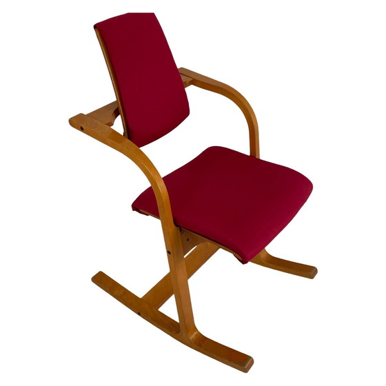 Image 1 of Peter Opsvik - Stokke - Actulum - Ergonomically Shaped Rocking Chair - Red Upholstery And Wooden Frame - New Upholstery!