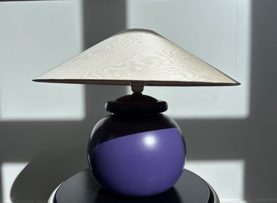 Postmodern Kostka France Table Lamp (Purple, 1980s) with Vintage Moiré Shade – Ceramic (photo 2 of 14)