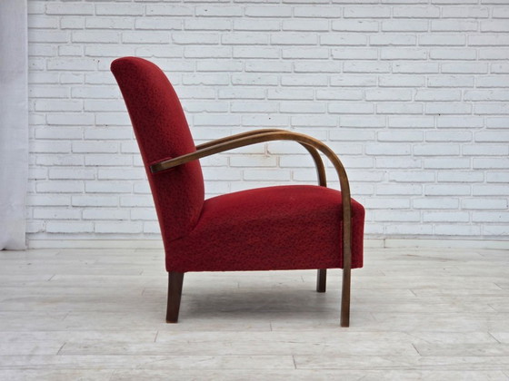 Image 1 of Sillón danés art déco de la década de 1950, tapizado en lana roja original y madera de haya.