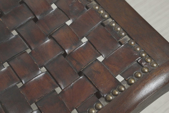 Spanish Revival Leather Stool Woven Leather Footstool Vintage Spanish Colonial Ottoman Rustic Wood Accent (photo 9 of 19)